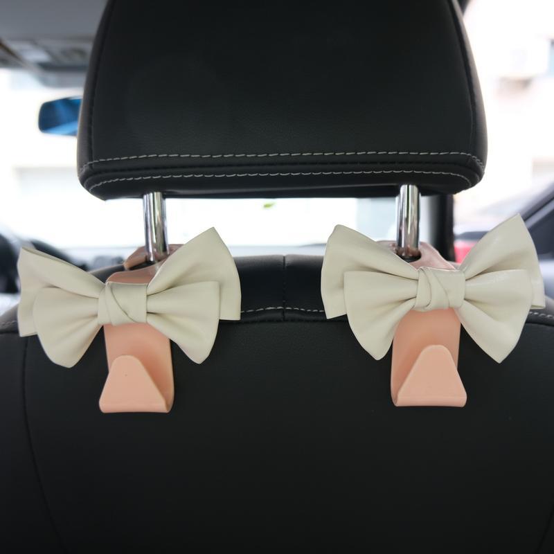 Cute Bowknot Car Seat Back Hooks 2Pcs, Premium Leather Dual Capacity Car Storage Hooks, Easy Install Interior Car Accessories Must Have,Cute Car Accessories for Women