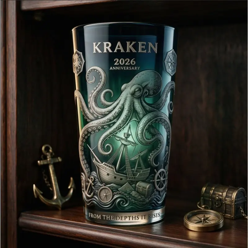 2026 Anniversary Limited Collector Glass, Deep Sea Octopus Pirate Ship Engraved, Vintage Nautical Bar Drinking Glass, Gift for Rum Whiskey Lovers