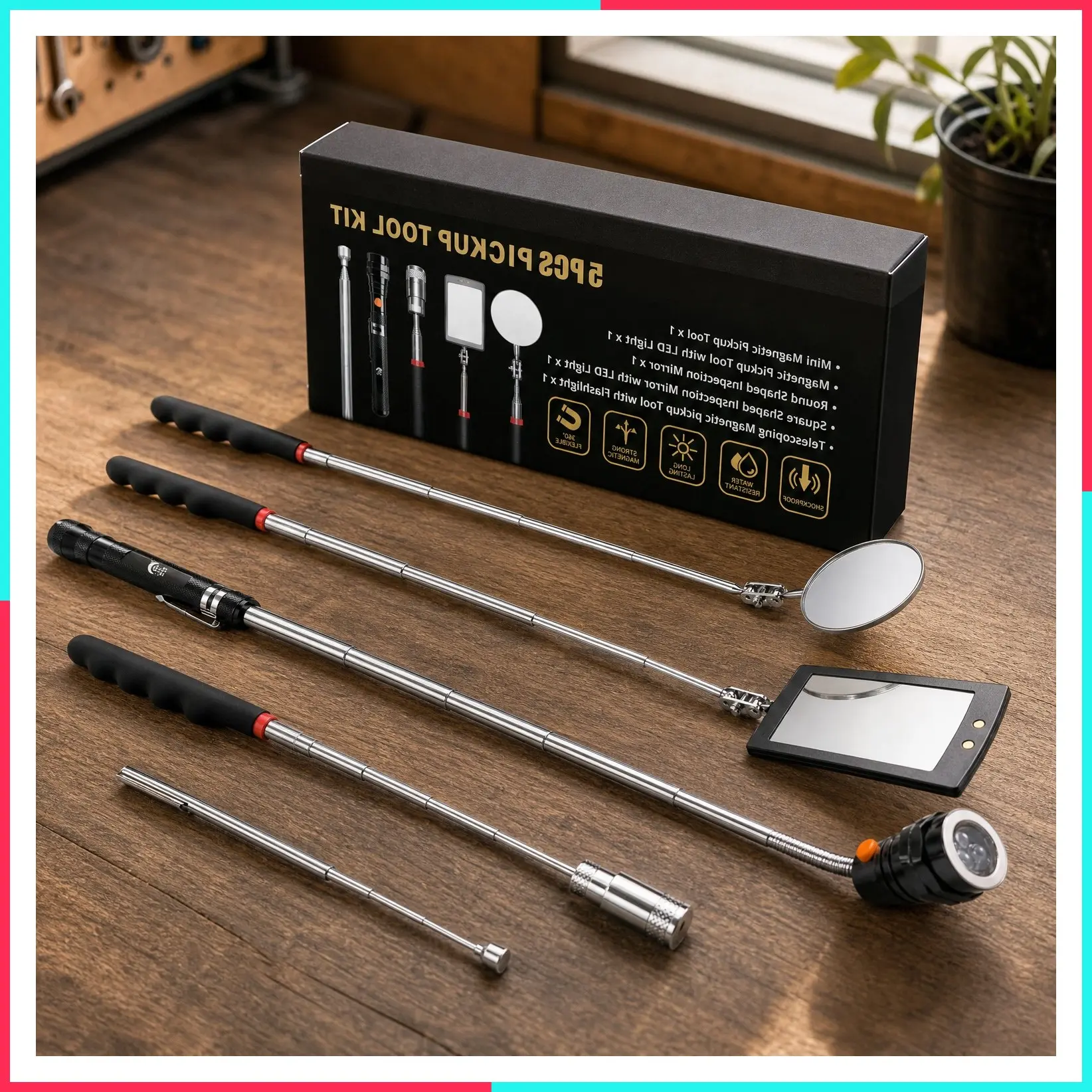 Magnetic Pickup Tool Set with Inspection Mirror and Telescoping Flexible Flashlight, 15lb & 1lb Pick Up Rod, Round & Square 360° Swivel Adjustable Inspection Mirror, Birthday Gifts for Men