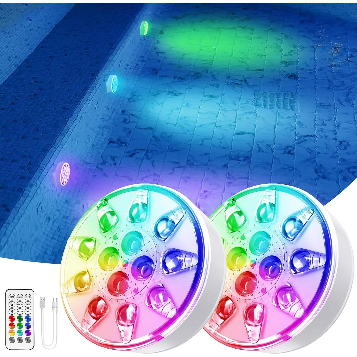 Pool Lights 2 Pack - Rechargeable Submersible LED Pool Lights with Remote, IP68 Waterproof Pool Decor Light for Inground & Above Ground Pools, Parties, Hot Tubs, Vase Bases