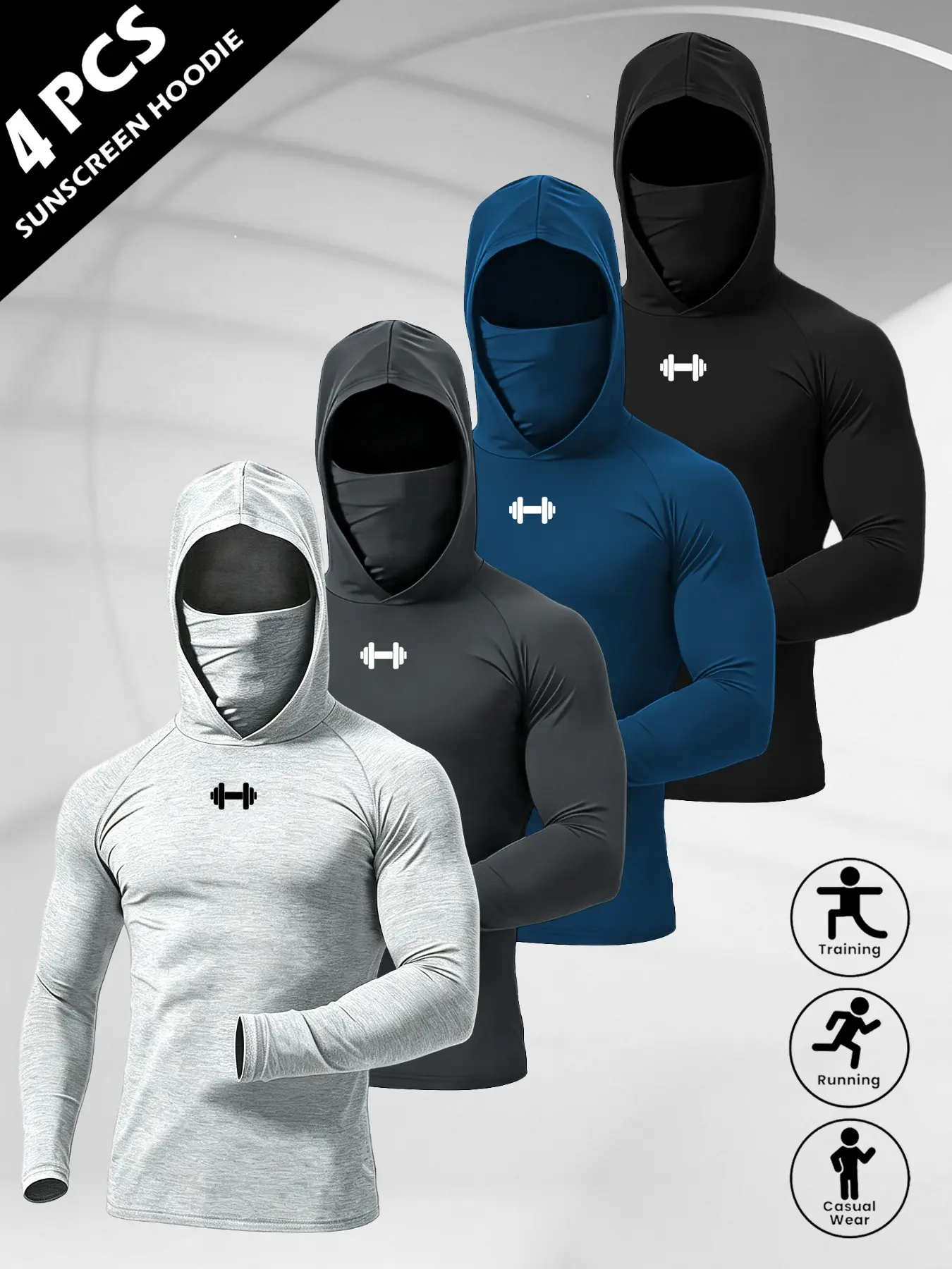 Sunscreen hooded long sleeve shirt with integrated face mask, dumbbell printed quick dry athletic top, stretch breathable compression hoodie suitable for workout training, running, cycling and daily outdoor sports use#SportsHoodie #CompressionShirt #Runn