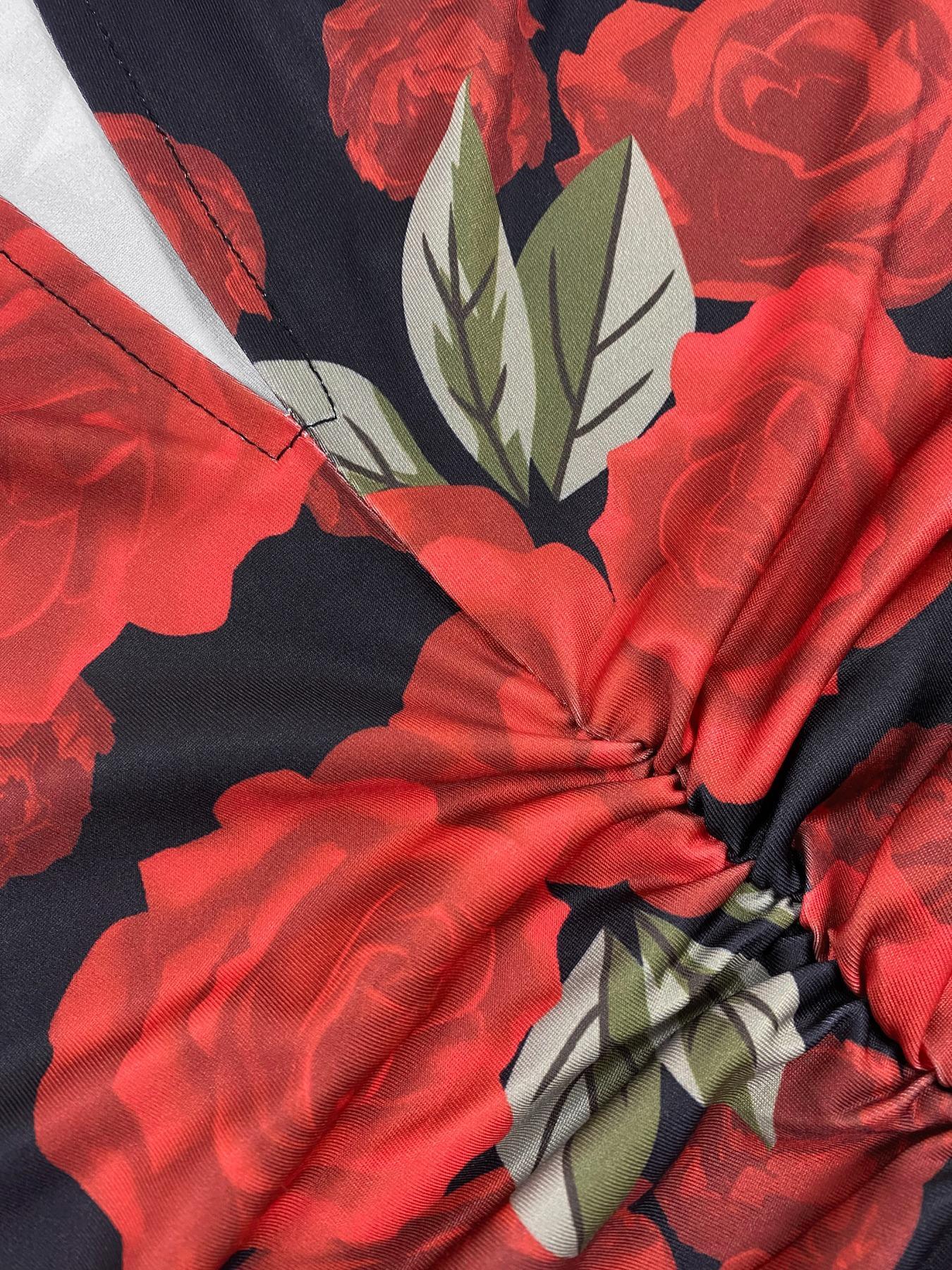 【Plus Size】 Floral Print Ruched Split Thigh Bodycon Dress, Elegant Bishop Sleeve Deep V Neck Long Sleeve Dress for Party Holiday Wedding Guest Gown, Women's Clothes for Spring & Fall