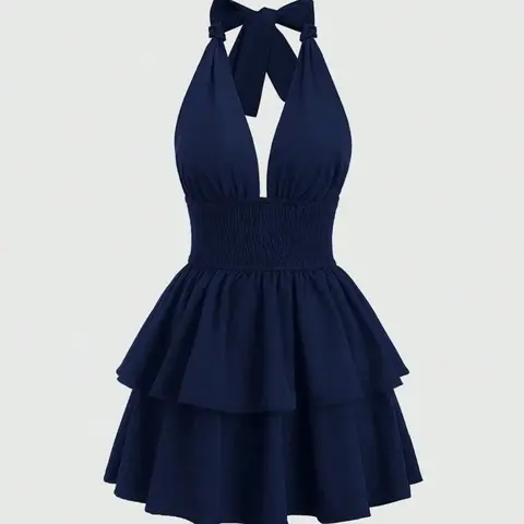 Women's Solid Backless Halter Neck Sleeveless Dress, Elegant Chic Casual Summer Party Club Dress, Chic Elegant Fit, Dresses For Party