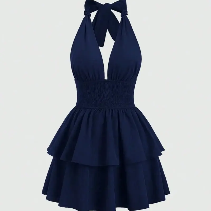 Women's Solid Backless Halter Neck Sleeveless Dress, Elegant Chic Casual Summer Party Club Dress, Chic Elegant Fit, Dresses For Party