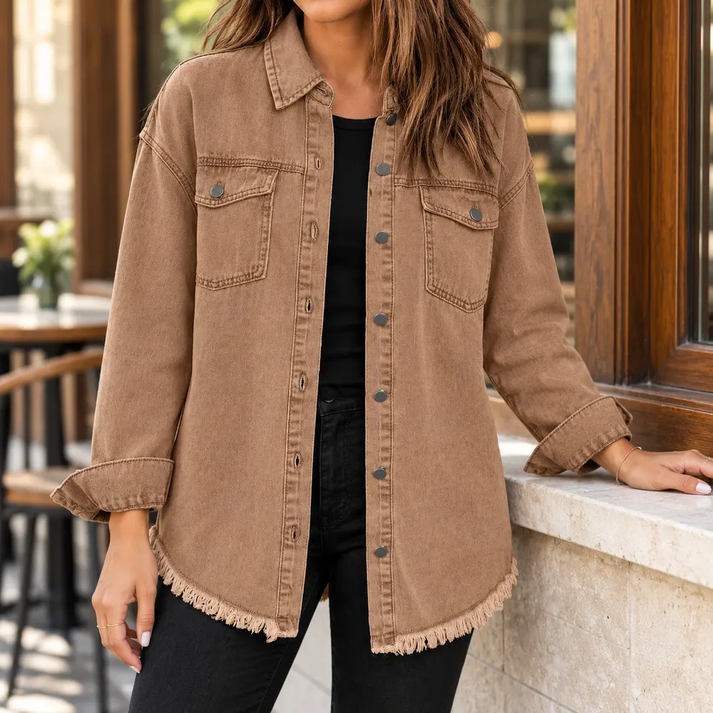 Vintage Women's Denim Shacket, Long Sleeve Button Down Shirt Jacket with Frayed Hem and Chest Pockets, Womeswear Relaxed Fit Drop Shoulder, Casual Jean Jacket for Spring and Fall Layering