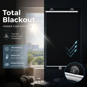 Tool-free suction cup blackout roller shade with 99% light blocking. It provides effective heat insulation and privacy protection, perfect for windows, cars and temporary residences.