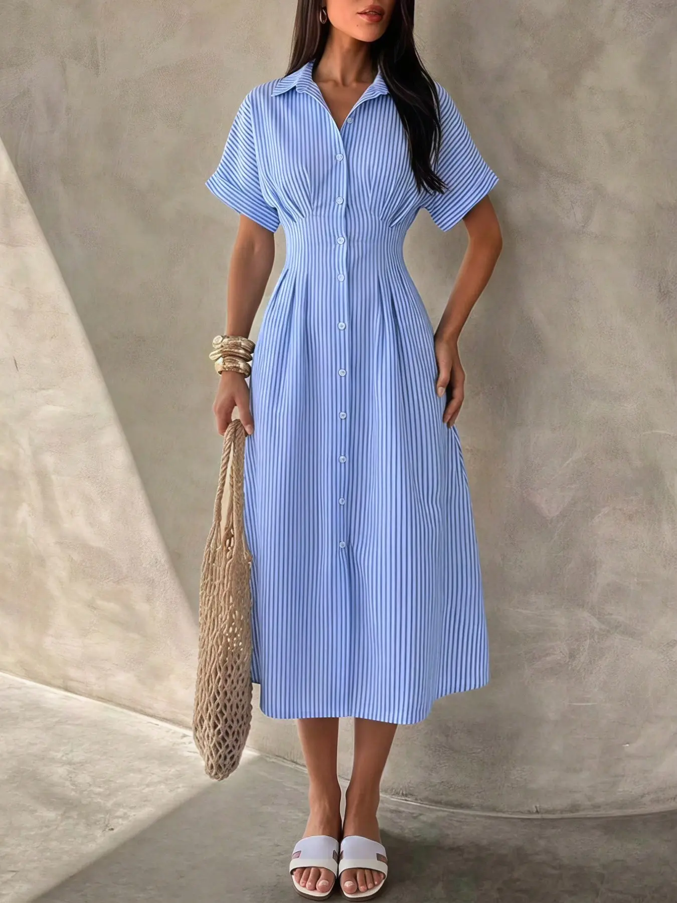 Women Blue Striped Shirt Dress Midi Button Down Dress Short Sleeve Slim Fit Casual Work Dress Elegant Waist Cinched Collared Dress Summer Office Chic Outfit For Women With Handbag Business Casual Dress