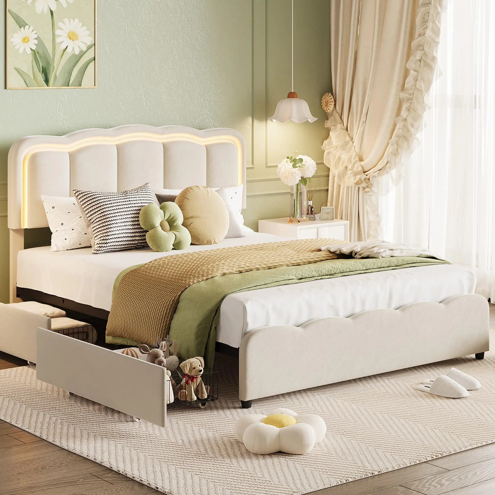 Gaomon Full Size Upholstered Bed Frame with LED Headboard, RGB Light Up Bed with Storage Drawers, Adjustable Height Velvet Platform Bed, No Box Spring Needed, Blue/White/Pink