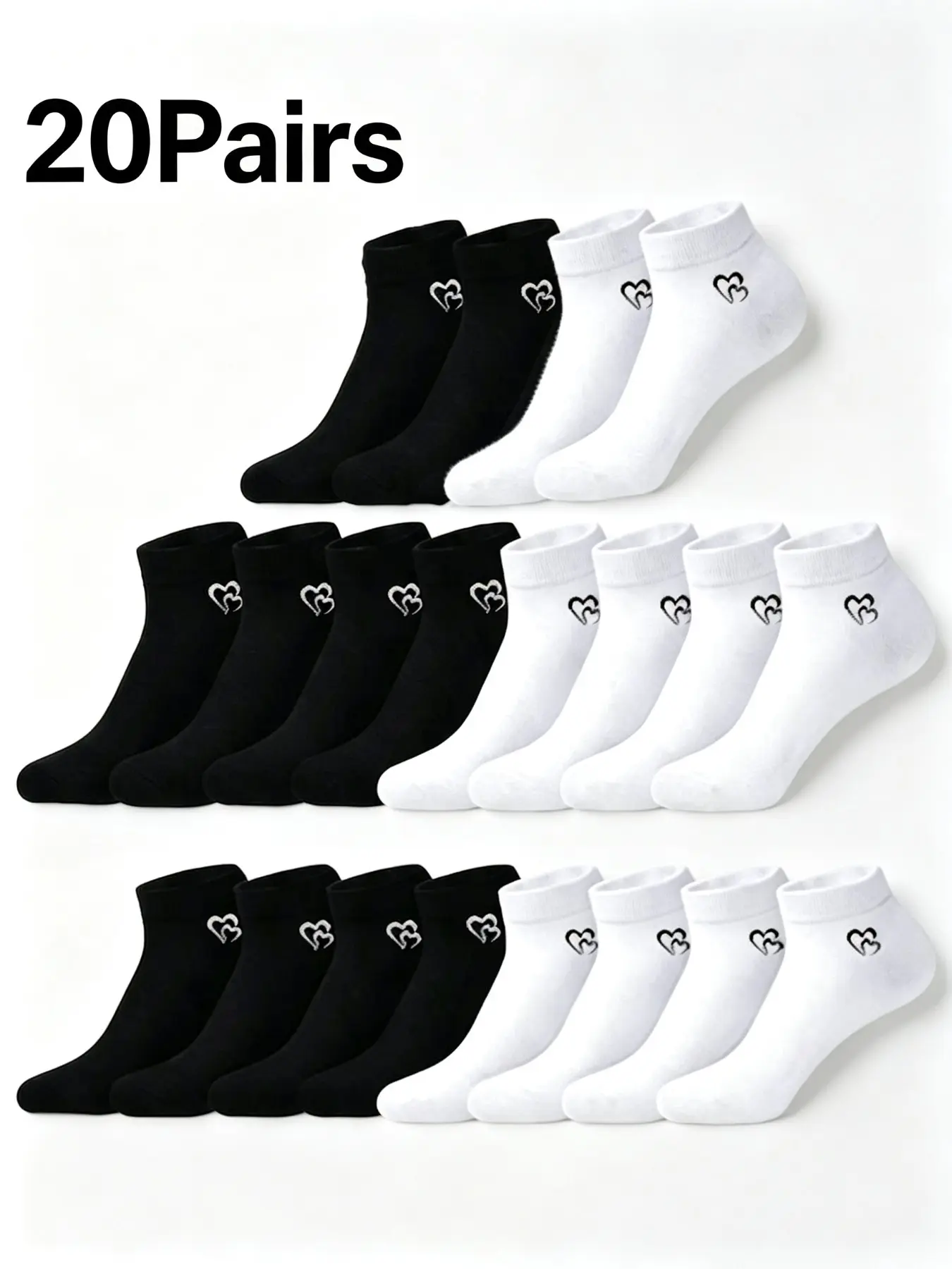 20 Pairs Minimalist Small Heart Print Ankle Socks, Black White Simple Graphic Short Crew Socks, Elastic Breathable Essential Basic Casual Socks for Teen Girls Women Daily Campus Sports Outfits
