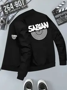 Sabian Letter Print Men's Hooded Casual Jacket, Long Sleeve Loose-Fit Outerwear, Geometric Pattern, All Seasons, H-Type Silhouette