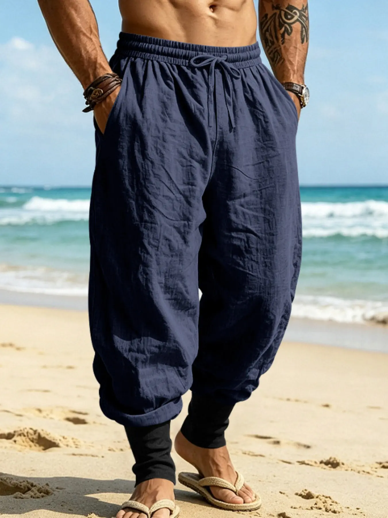 Men's Linen Beach Pants, Summer Breathable Comfort Long Pants, Elastic Waist Drawstring, Island Vacation Casual Pants, Ankle Design