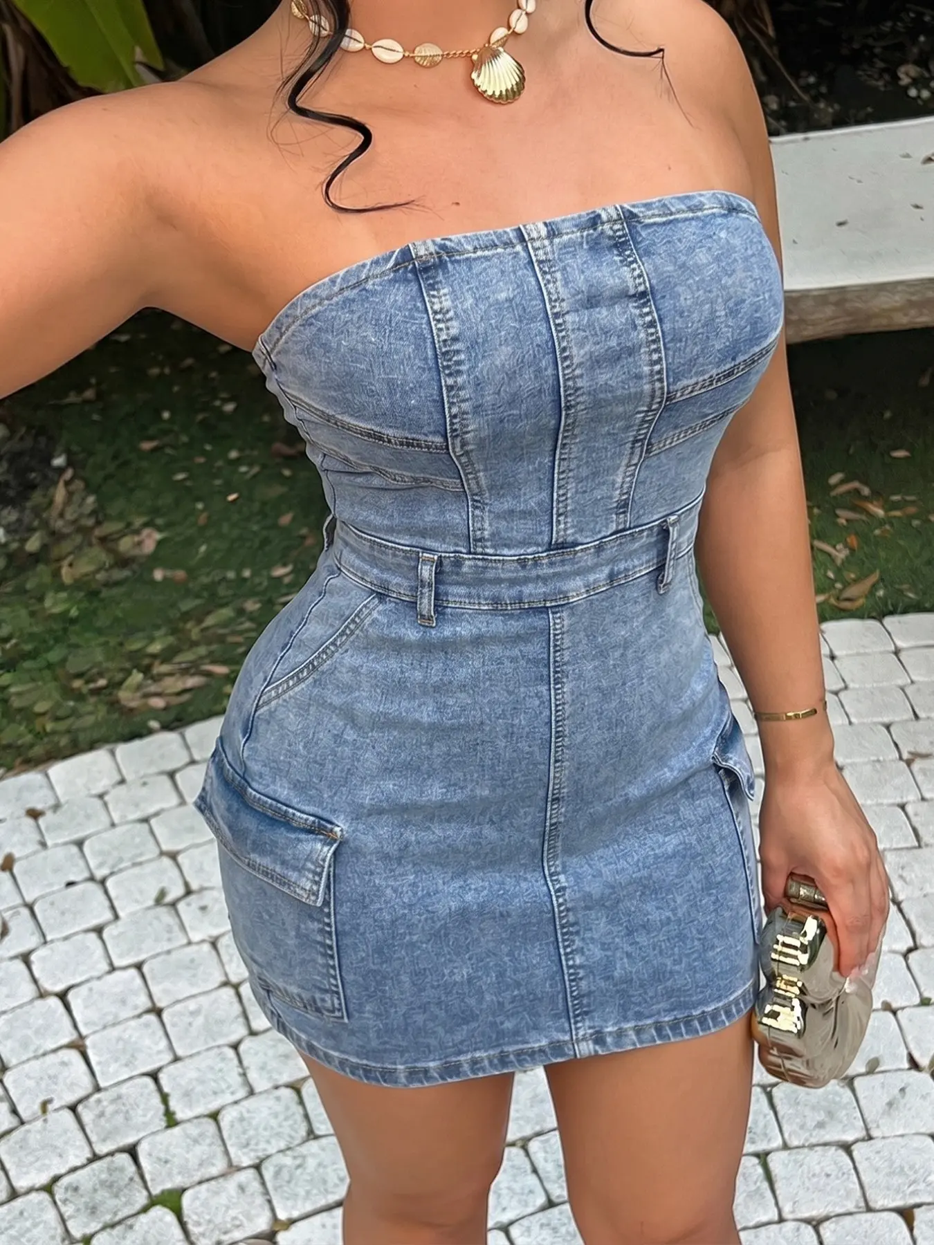 Women's Strapless Fitted Waist Denim Mini Dress, Summer, Bodycon Summer Dress, Y2K Sexy Glam Streetwear, Cargo Pockets, Back Zipper, Night Out Party, Beach Vacation, Beach Sundresses, Casual Party Dress