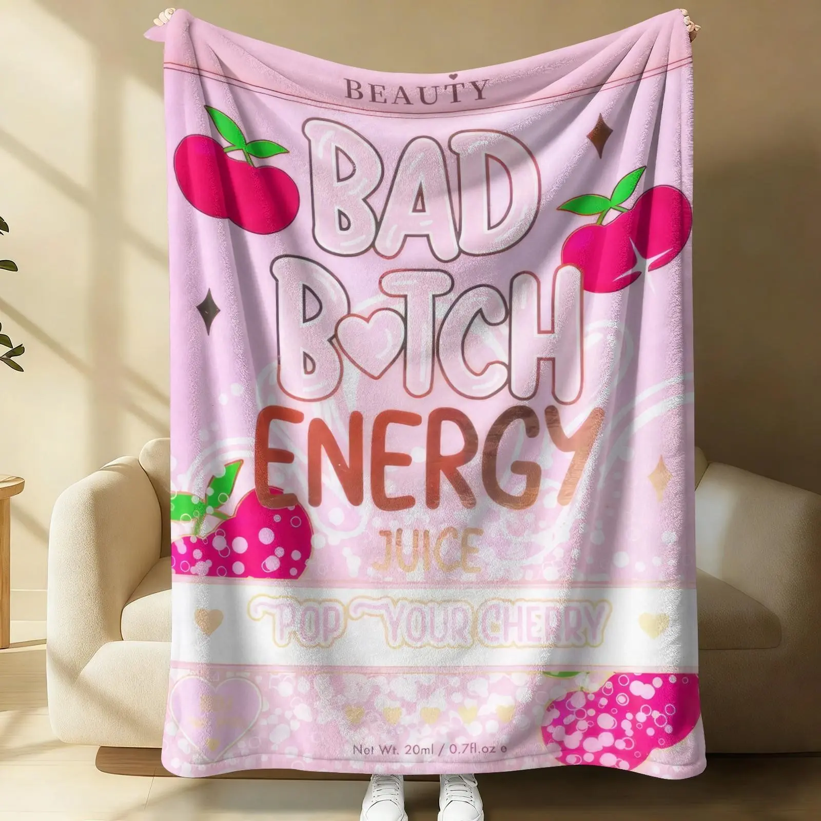 Ultra-Soft Pink Flannel Fleece Throw Blanket with Fun Cherry Juice Pattern Design, Skin-Friendly Cozy Bedding Plush Cover for Bedroom Living Room, Fluffy Lightweight Warm Quilt for Air-Conditioned Rooms, Multipurpose Home Decor Throw Blanket