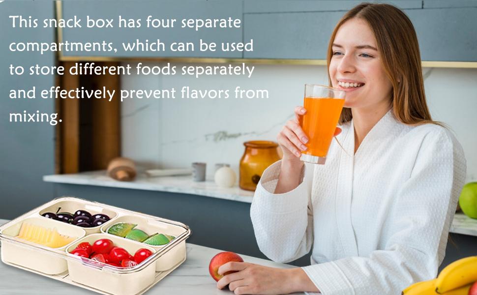 Small Snackle Box Container with Lid, 4 Compartment Travel Snack Container with Handle, Divided Serving Tray with Lid, Portable Snack Box for Candy, Fruits, Nuts, Snacks, Veggies