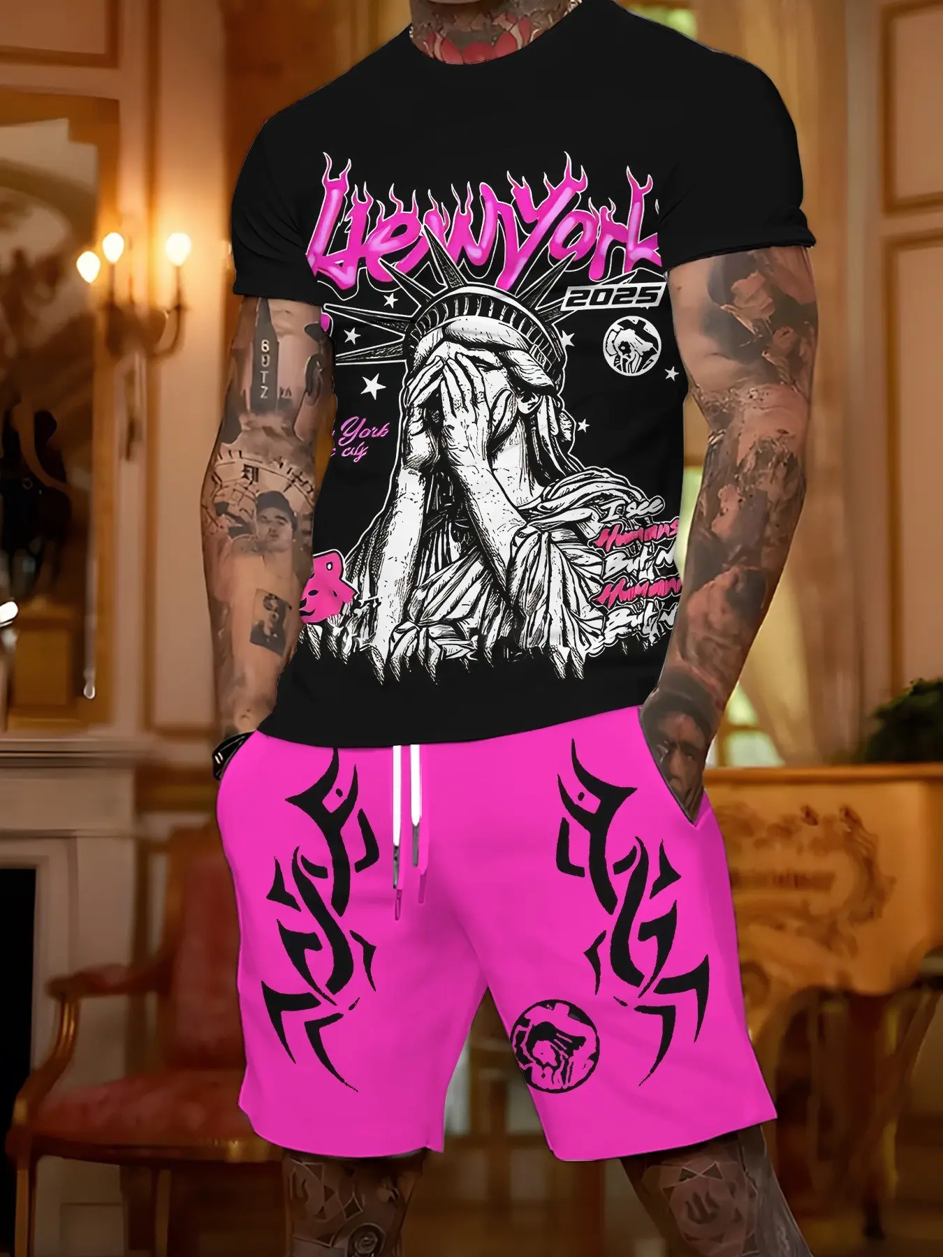 Men's Gothic Statue of Liberty Print Two-Piece Set, Short Sleeve Tee, Tribal Print Drawstring Shorts, Hip Hop Summer