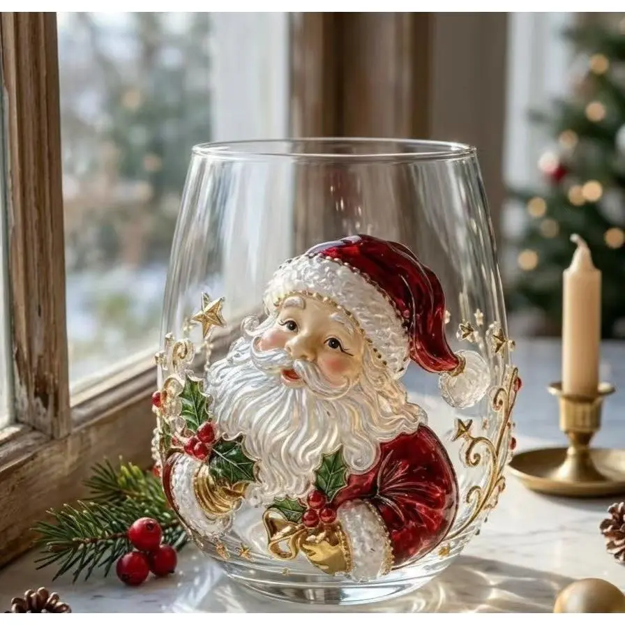 Christmas Wine Glass, 3D Raised Santa Snowman Design Stemless Drinking Cup, Holiday Glassware for Christmas Party, Table Decor & Gift,Holiday Themed Drinking Glass for Christmas Table Decor & Xmas Gift