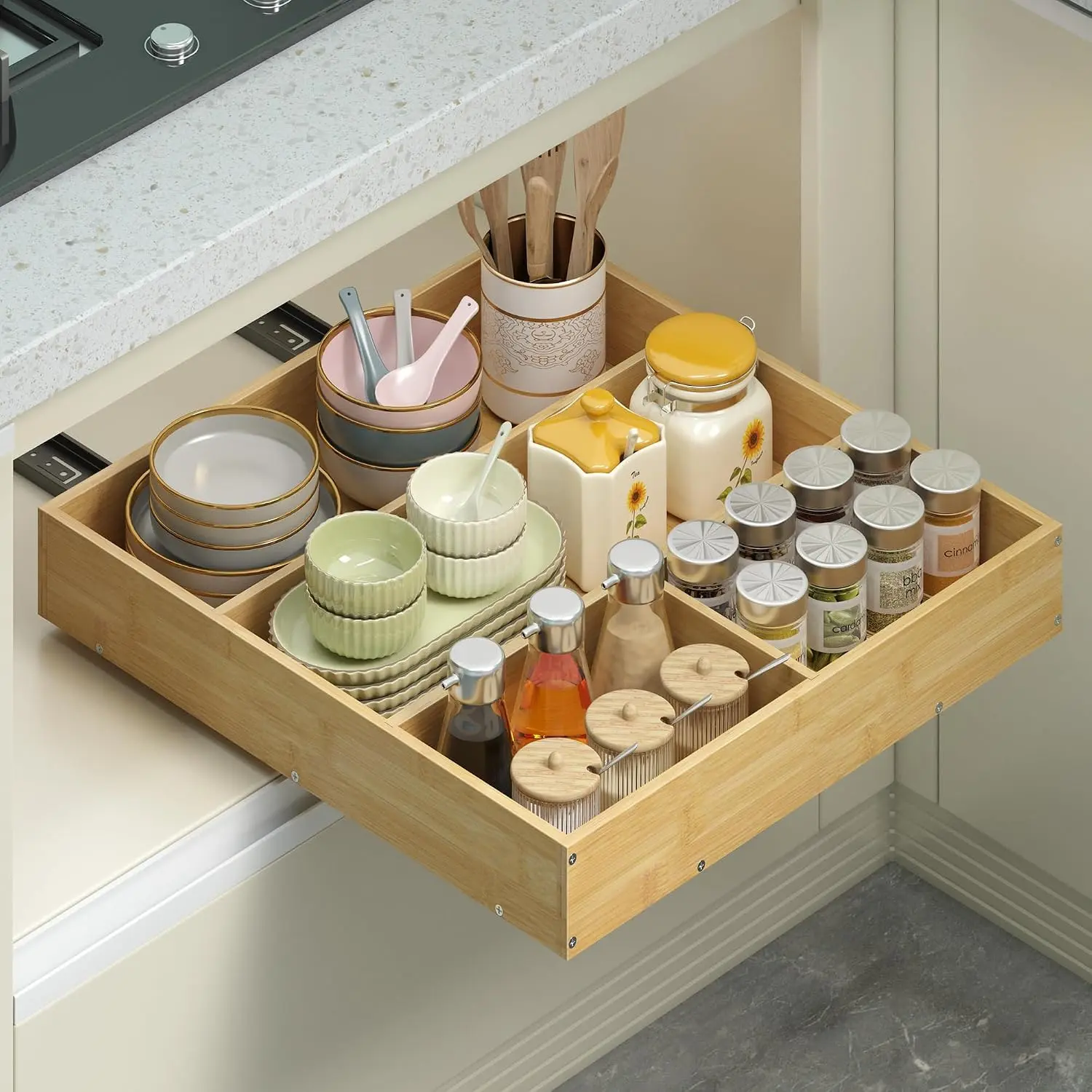 No Drill Pull Out Drawers for Cabinets, 20" W x 21" D  Adhesive Cabinet Organizer, Slide Out Shelves for Kitchen Pantry Bathroom Storage
