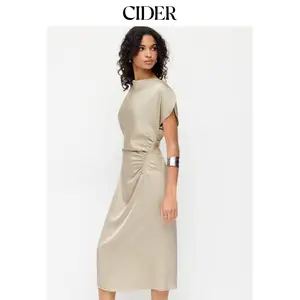 Cider Satin High Neck Mid Rise Ruched Straight Midi Dress