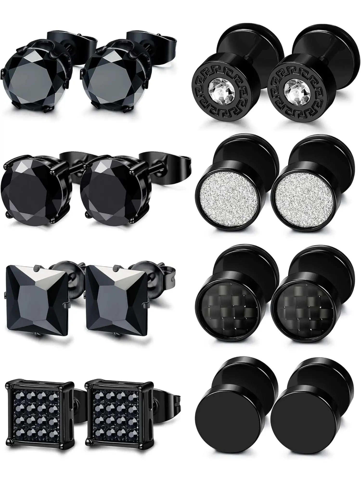 Black 8 Pairs Stainless Steel CZ Barbell Stud Earring Set for Men Women, Silver Tone Shiny Cubic Zirconia Cartilage Piercing Earrings, Fashion Earrings, Ideal for Daily Punk Street Party Wear