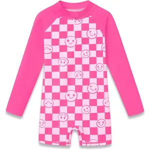 Girls Long Sleeve Rash Guard One Piece Swimsuit - Mermaid Checker Face Zipper Front Toddler Bathing Suit 2T-10(Gift)