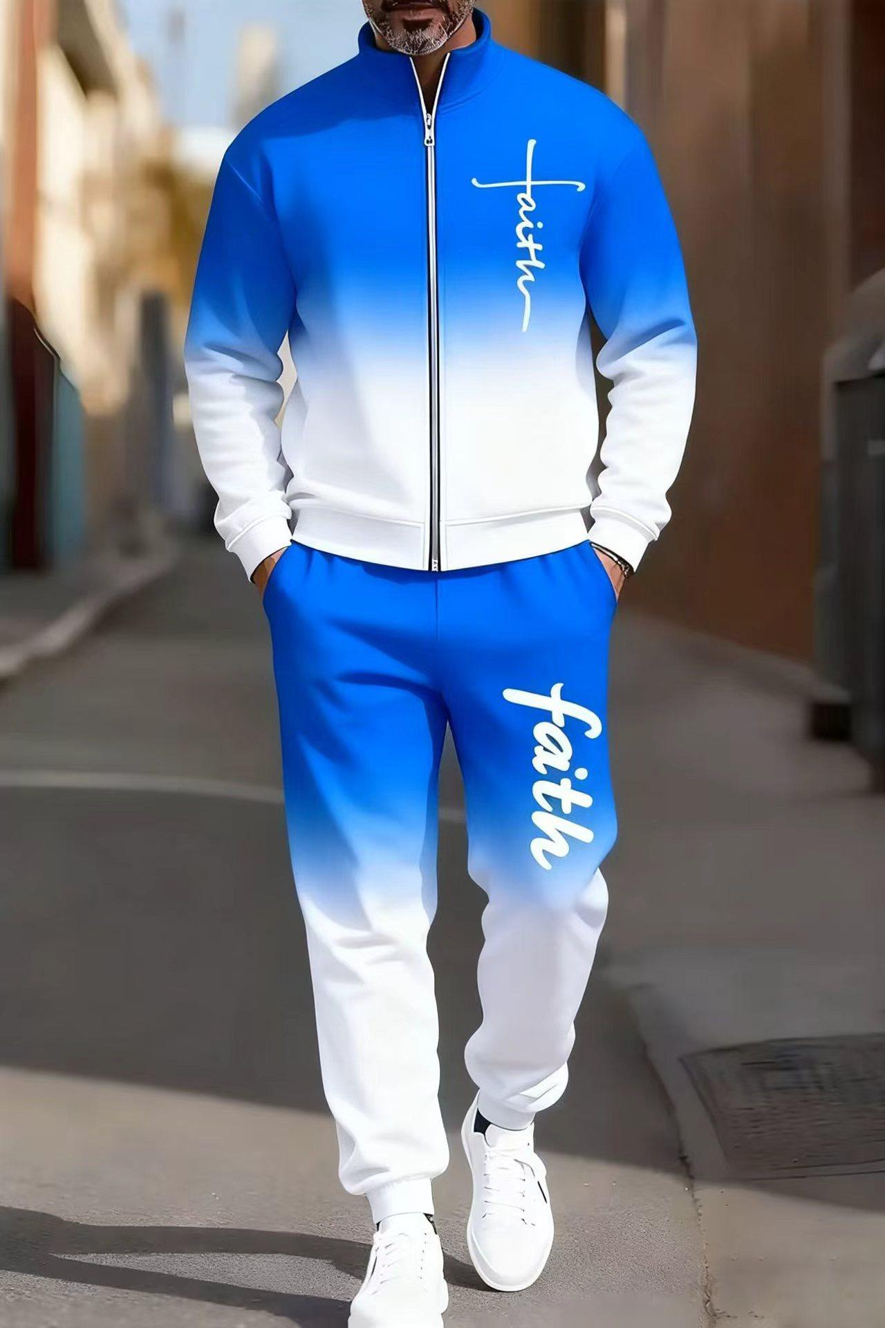 Men's fashionable and casual sportswear featuring a gradient digital print, including a stand-up collar cardigan jacket and pants, making it a two-piece set suitable for daily casual wear and trendy gradient sportswear series, Sporty Style Breathable Acti