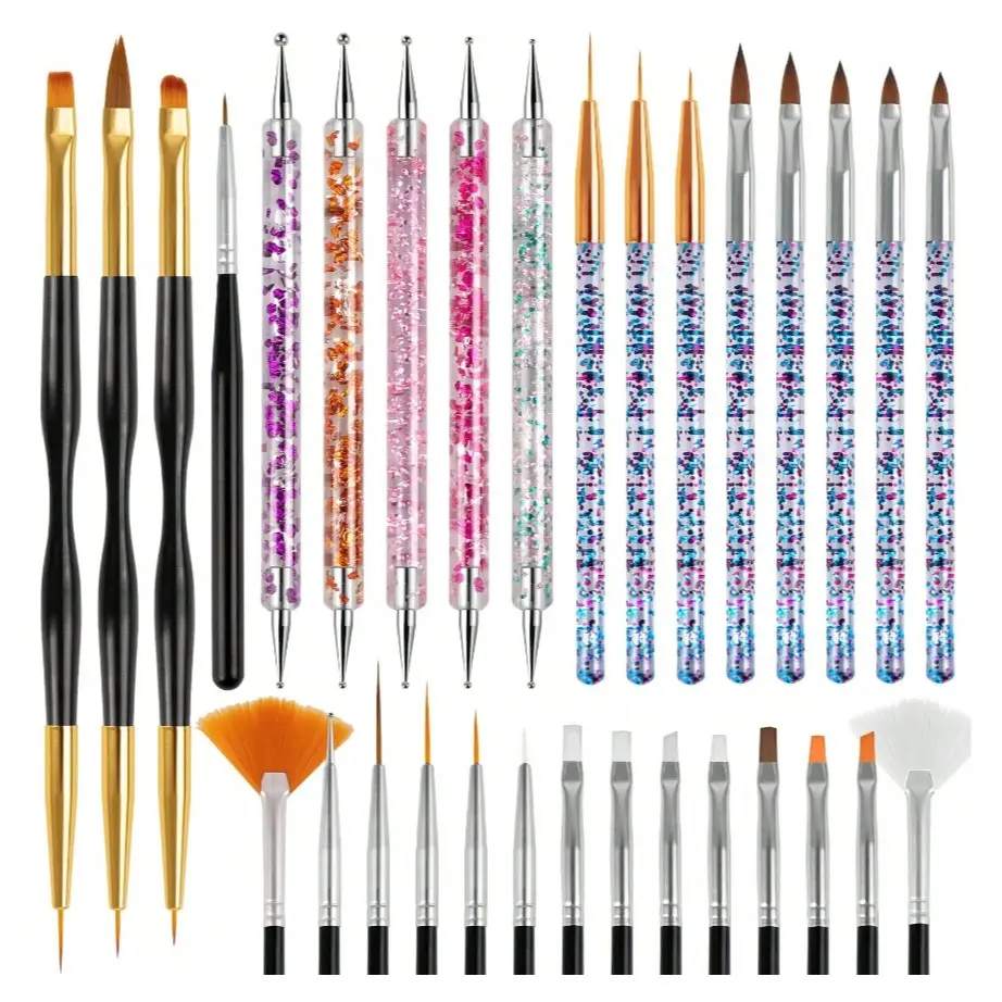 Landot Nail Art Brushes Kit, Double Ended Nail Dotting Tools, Nail Dust Brush, Striping Brushes, Nail Drawing Pen for Design