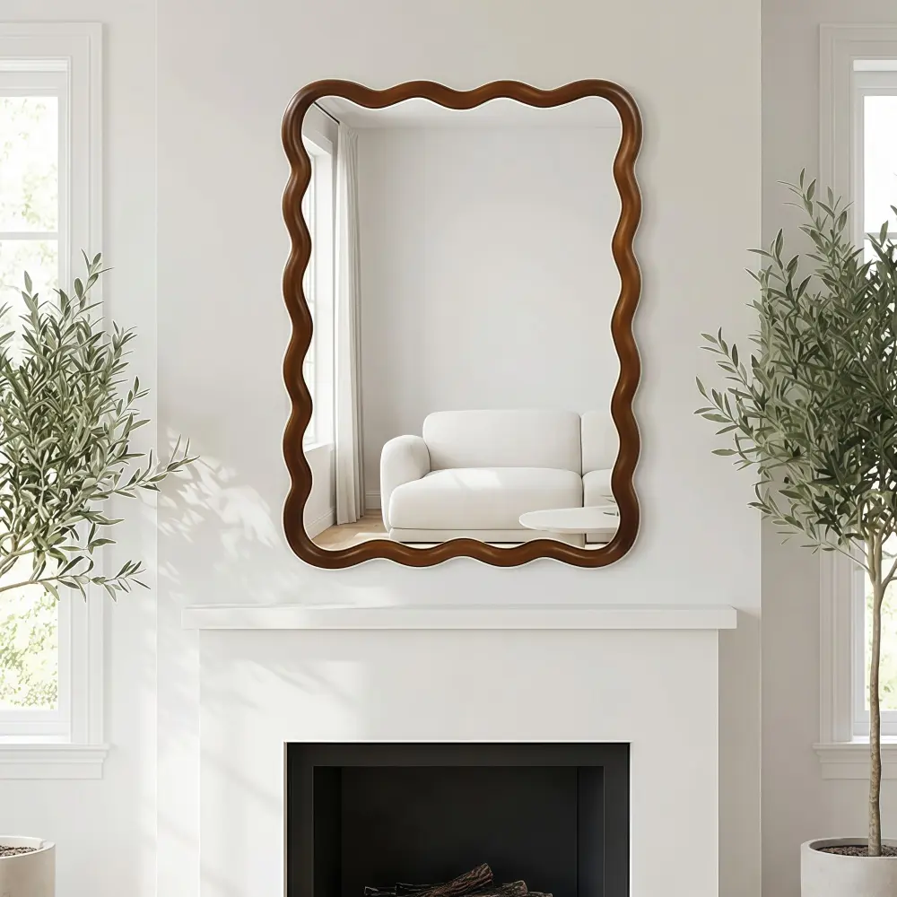 Littleox Black Walnut Color 30"x40" Wavy Rectangle Solid Wood Frame Decorative Mirror,For Bedroom, Bathroom, Living Room, Entryway