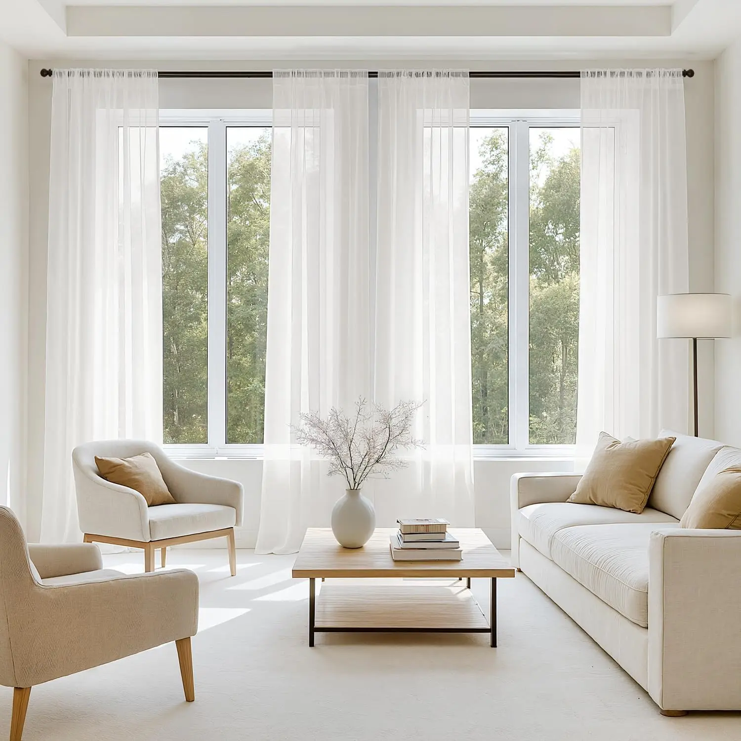 Beige White Sheer Curtains 84 Inches Long 4 Panels 42 x 84 Inches| Light Filtering, Rod, Voile Drapes, Living Room, Bedroom, Airy Soft, Window Treatments