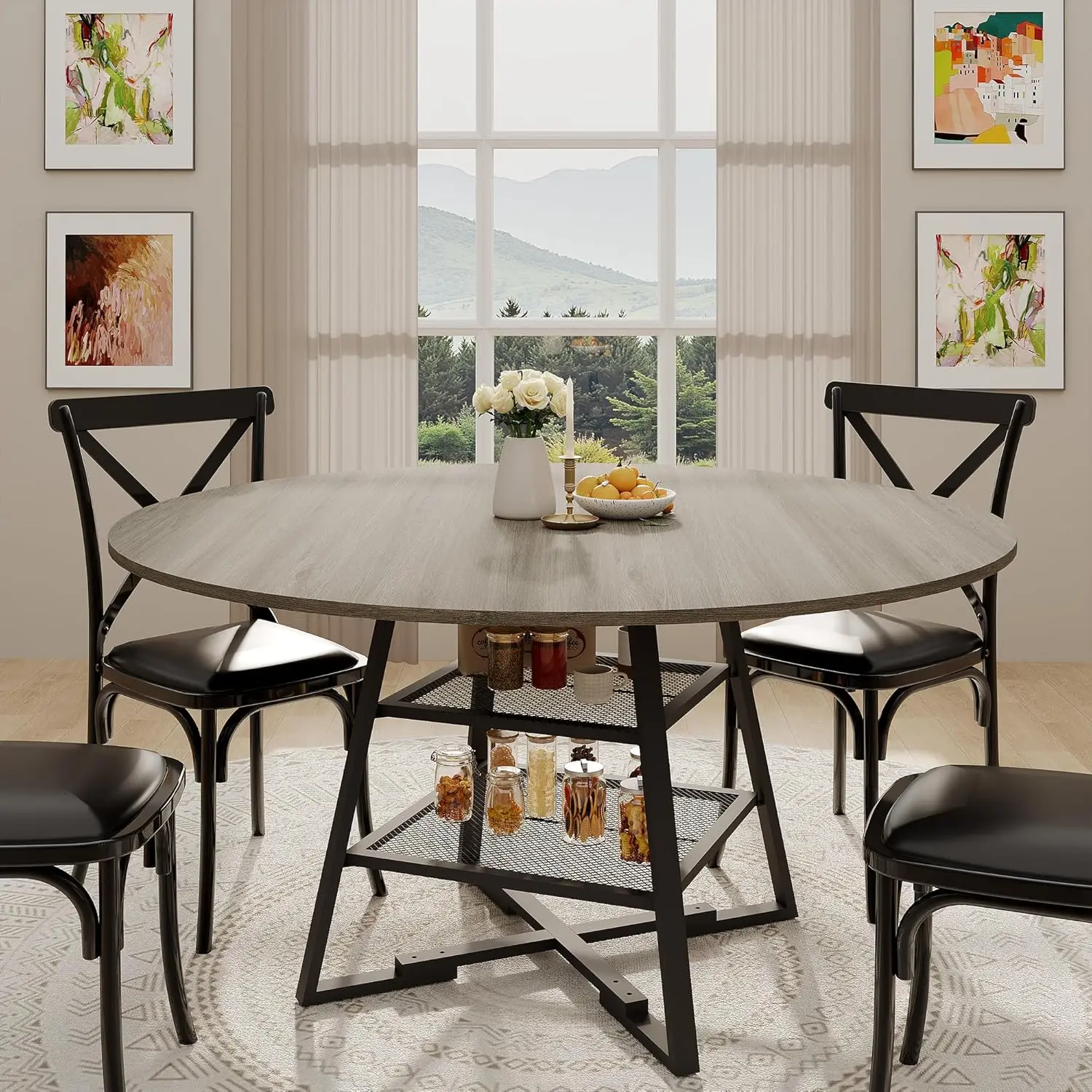 GAOMON Space-Saving Round Dining Table for 4-6 - Modern Wood & Metal Industrial Table with 2-Tier Storage Shelf - Sturdy Black Metal Base - Ideal for Kitchen, Dining Room, Apartment, Breakfast Nook