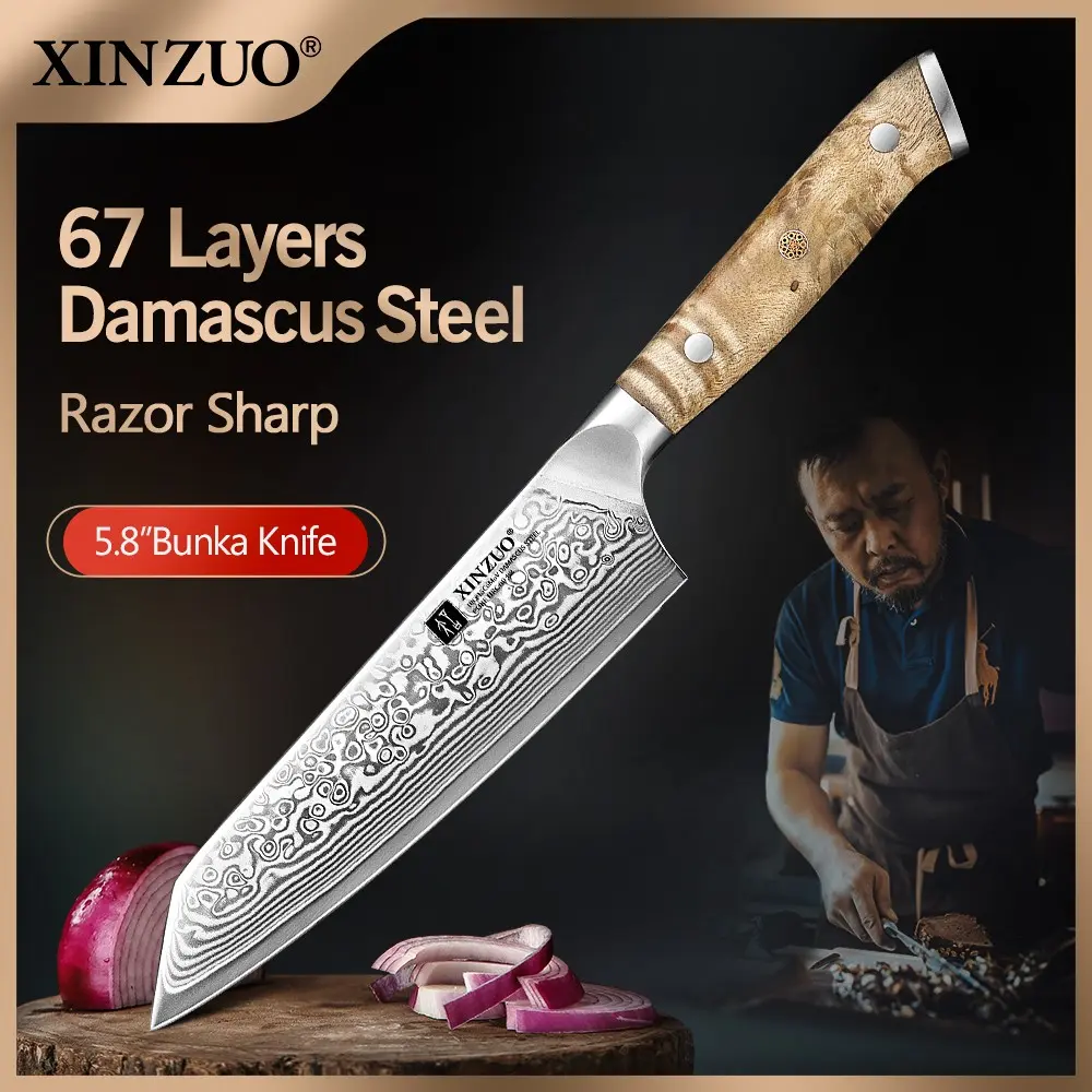XINZUO Damascus Steel 5.8 Inch Bunk Knife, High Carbon 67-Layer Damascus Steel, Premium Figure Sycamore Wood Handle, Multi-Use Kitchen Knife,Ideal for Everyday Cooking