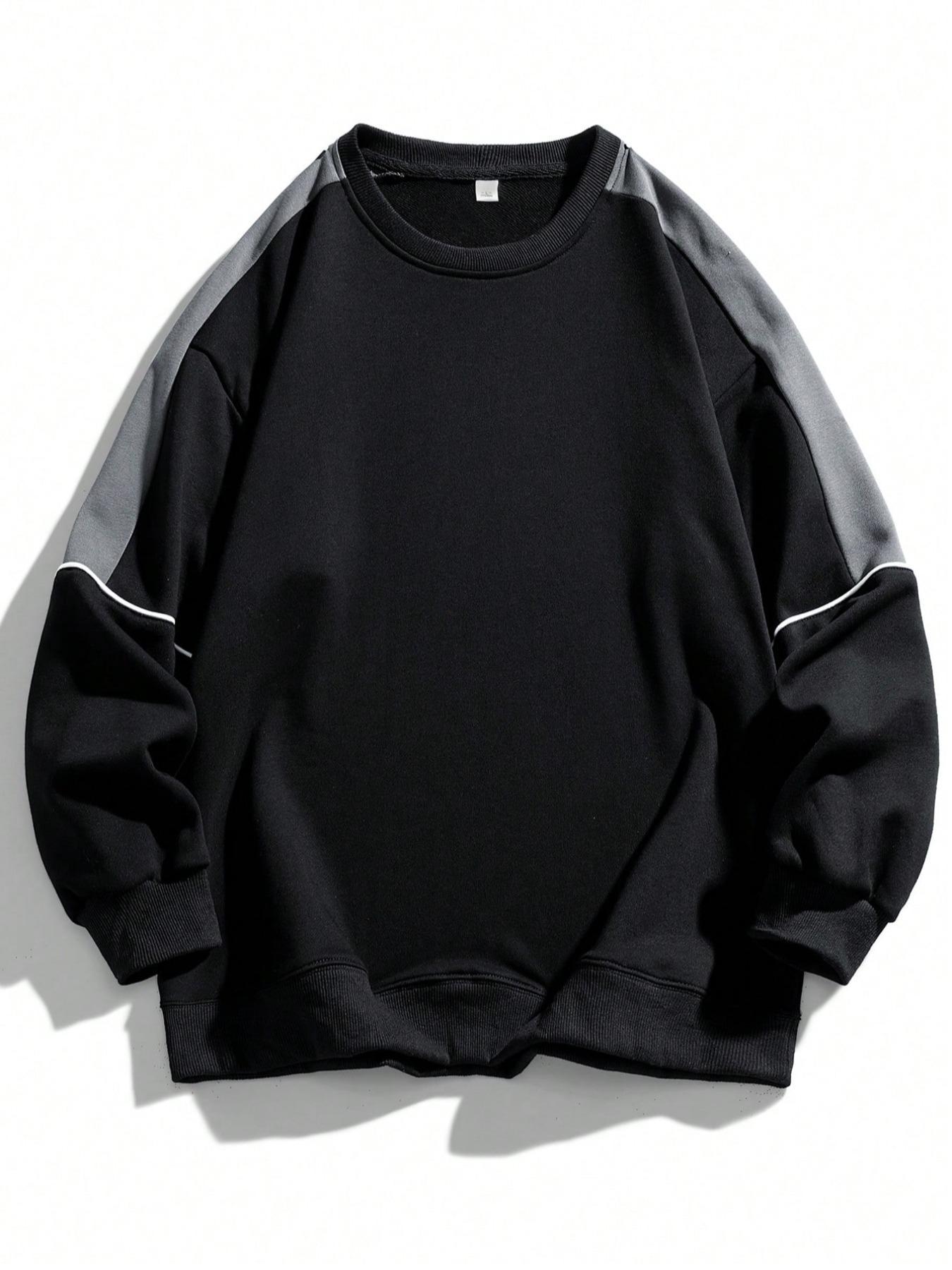 Men's Colorblock Contrast Binding Drop Shoulder Sweatshirt, Stretch Regular Fit Casual Bold Edgy Style Long Sleeve Round Neck Pullover for Spring & Fall, Fashion Men's Top for Daily Wear