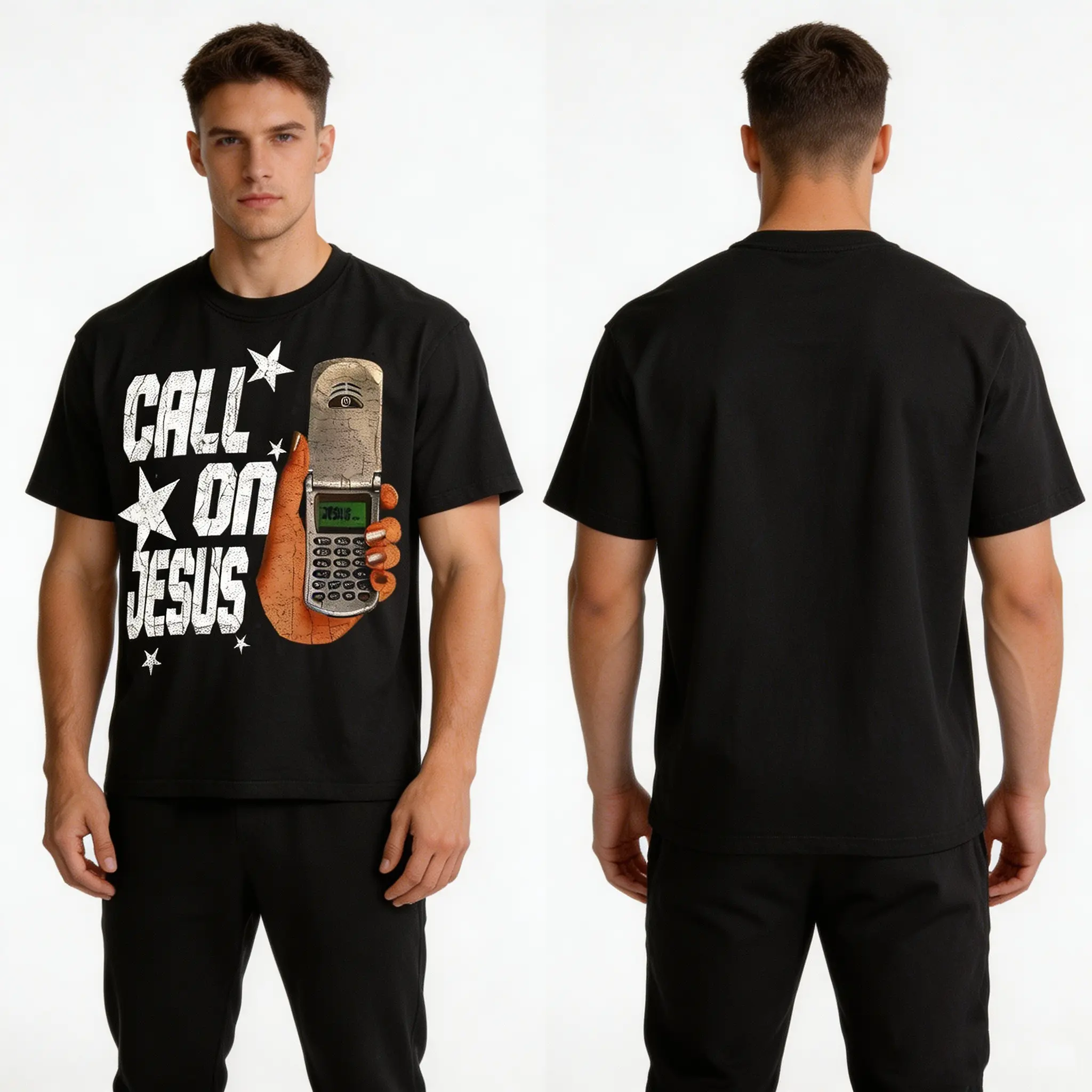 Men's Graphic T-Shirt, Casual Streetwear Top with Phone & Star Print, 100% Soft Cotton, Loose Fit for Summer, Menswear