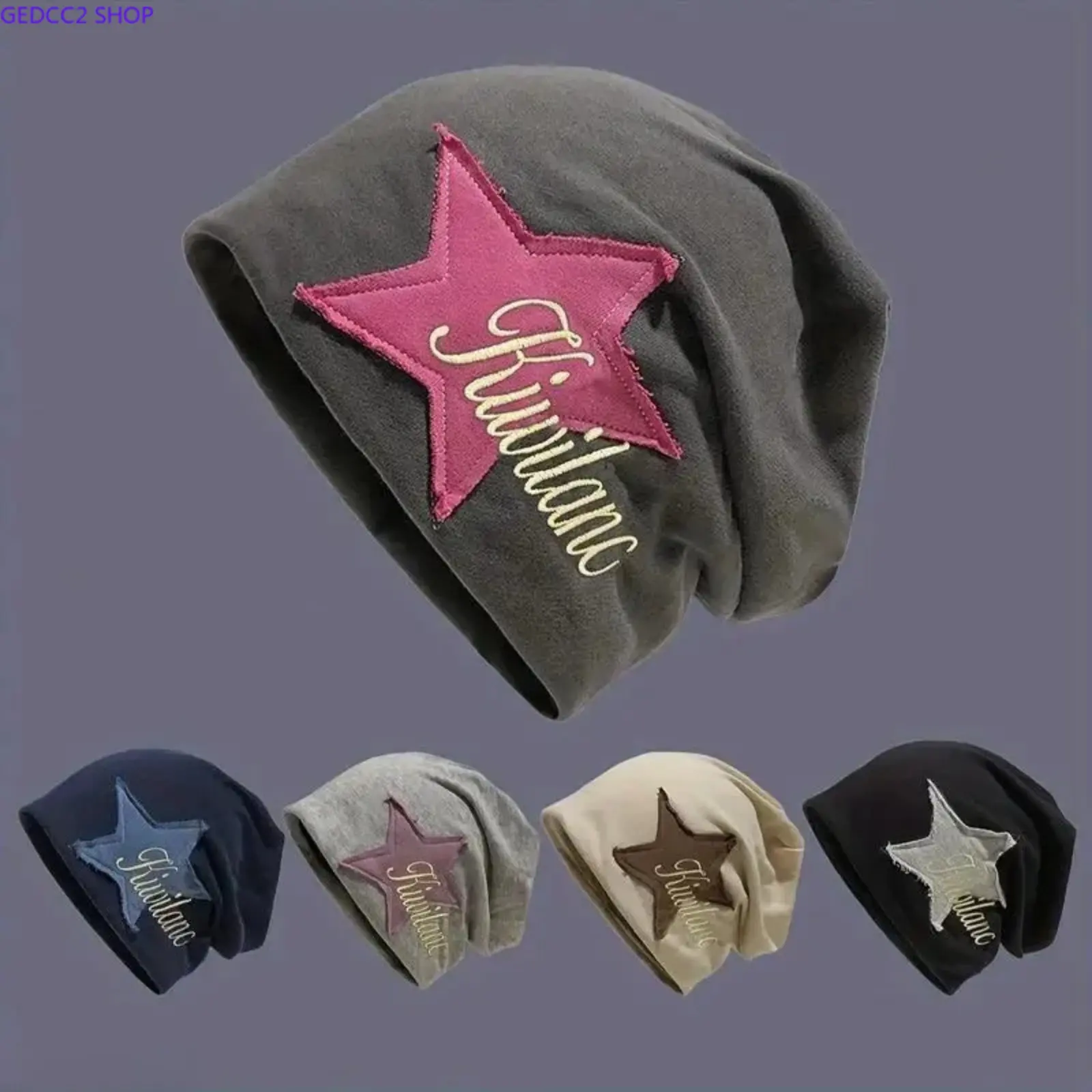 Y2K Slouchy Beanie Hat for Women & Men, Oversized Knit Streetwear Cap with Star Embroidery, Soft Winter Fashion Accessory