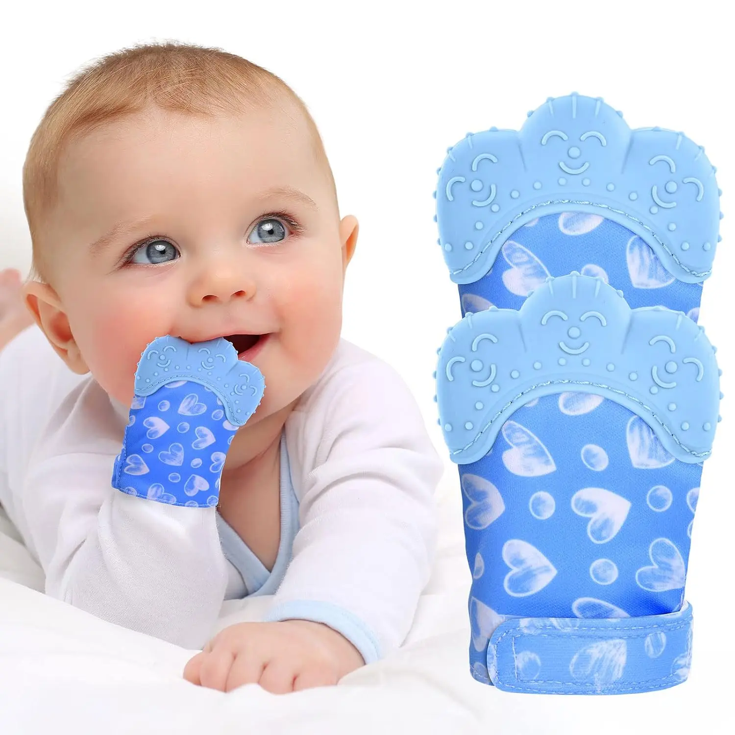 Silicone Baby Teething Mitten 2 Pack for 0-12 Months BPA Free Infant Teething Gloves Pain Relief Anti Scratch Soothing Chew Toys for Newborn Teething Relief Soft Safe Baby Teether Mittens Blue Heart Design Gift Set