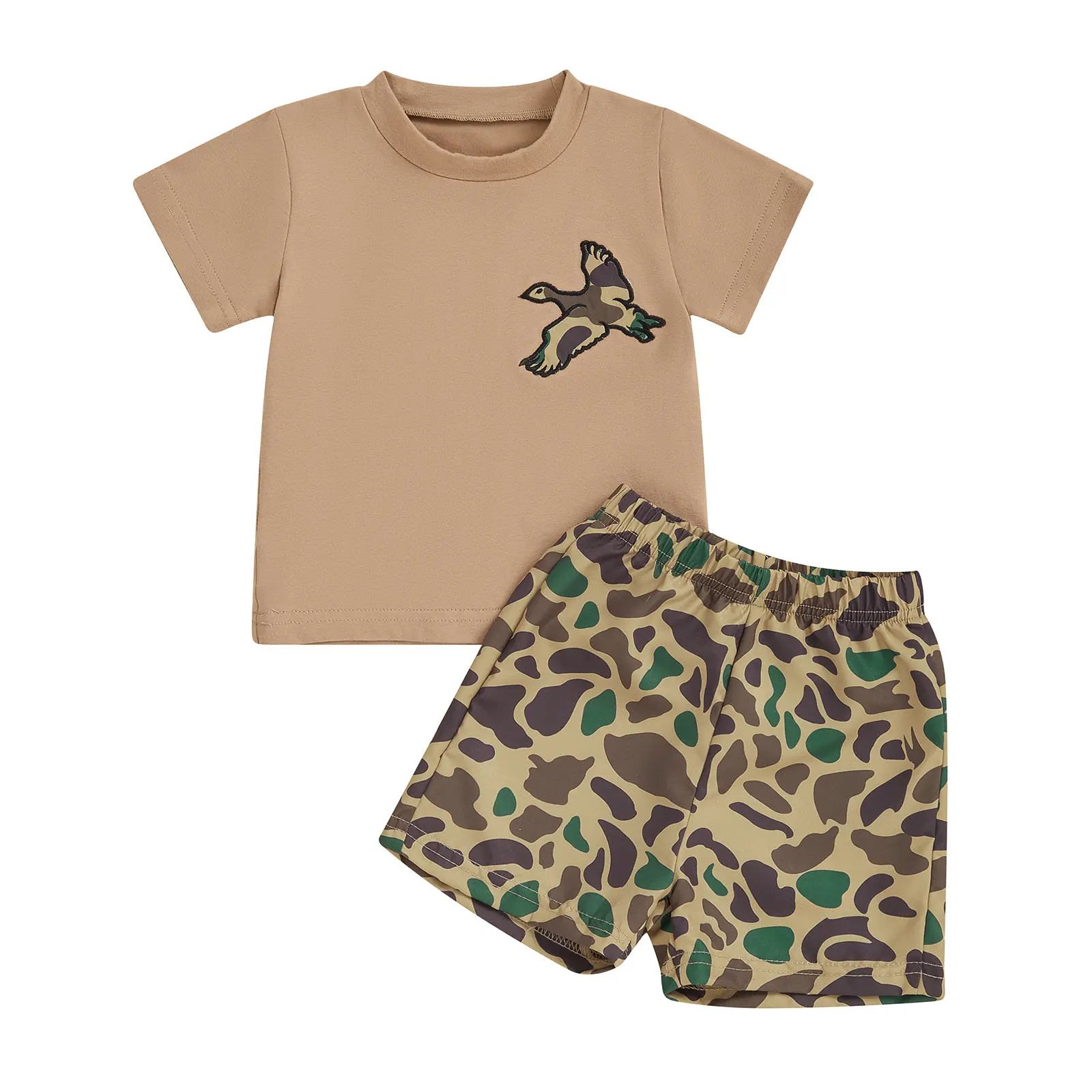 [Mini Cloud] Toddler Baby Boy Summer Outfit Camouflage Pattern Crew Neck Short Sleeve T-Shirt with Shorts 2 Pcs Set