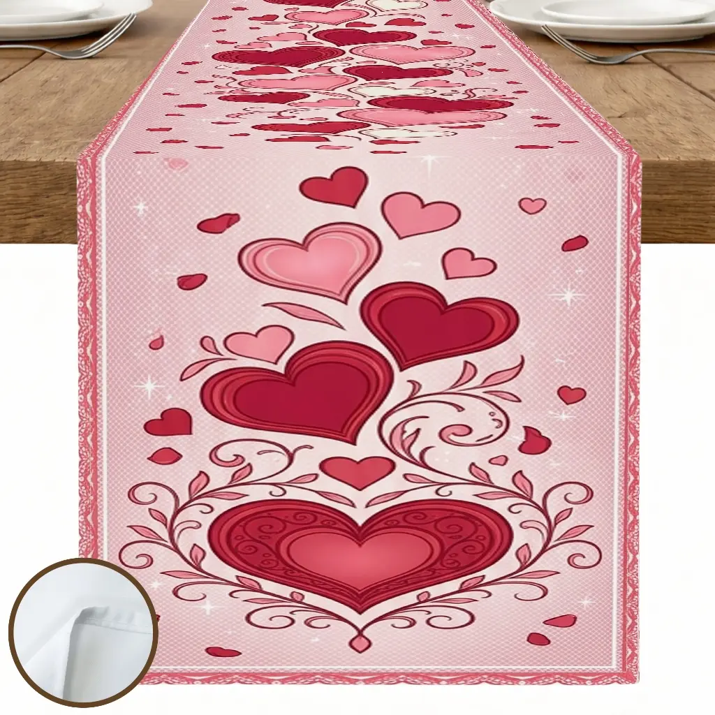 1pc Heart Rose Petal Table Runner, Cute Romantic Style, Printed Pattern with Decorative Border, for Dining Table Home Decor Valentine's Day Decor
