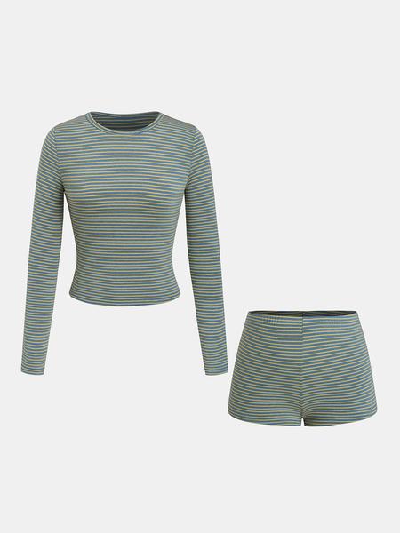 Valentine's Day 2 Piece Set Women's Casual Striped Long Sleeve Shirt + Hot Pants Short Shorts, Summer Fashion, Comfortable and Stylish, Perfect for Daily Wear