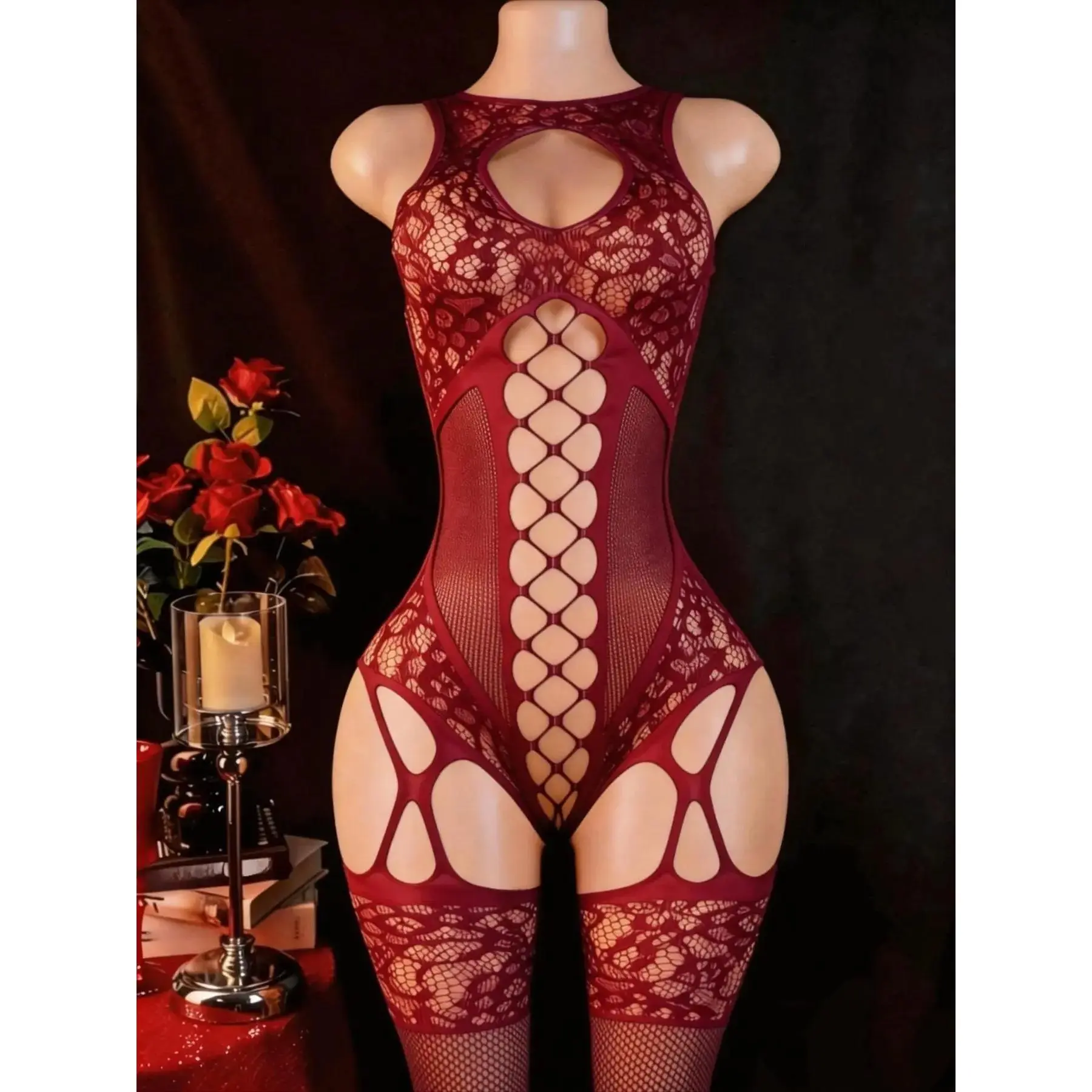 Women's Plus Size Reversible Backless Open Crotch Ditsy Floral Babydoll Lingerie - Sheer Bra, Fishnet Bodysuit, Hand Wash, Romantic All-Season Nightwear