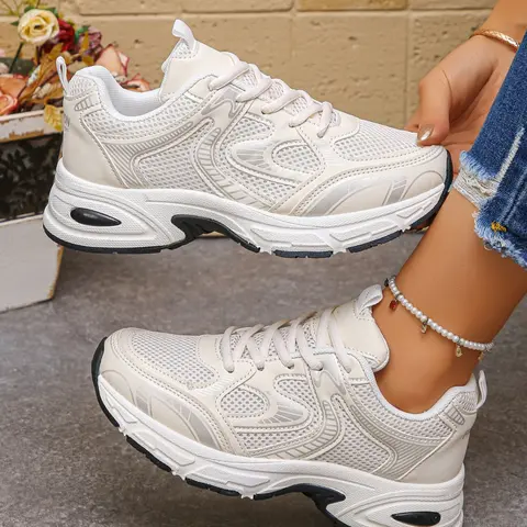 Breathable Mesh Patchwork Thick-Sole Dad Shoes for Women, Retro Line Print, Shock Absorbing, Casual Sports Shoes for Daily Wear, Casual Sneakers