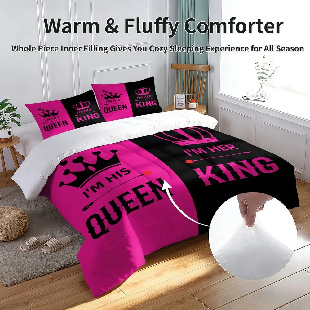 2/3Pcs His & Her King Queen Comforter Set, Romantic Couple Bedding Set with Pillowcase, Soft Microfiber Quilt for Bedroom, Trendy Digital Print Valentines Day Gift Bed Decor No Pillow Insert
