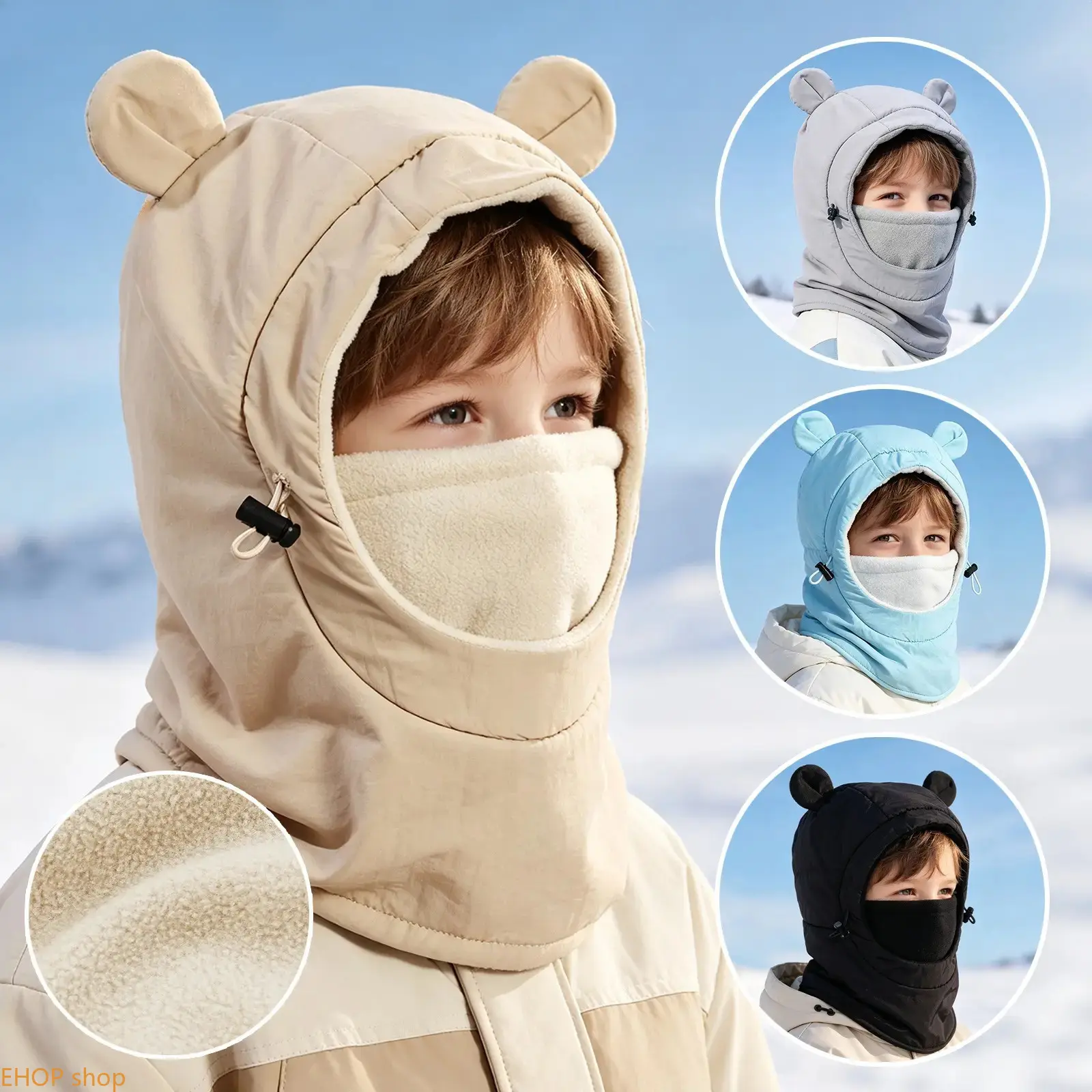 Fleece Hooded Balaclava Scarf with Cute Bear Ears, Windproof Thermal Earflap Hat Built-in Face Mask, Warm Neck Warmer for Autumn Skiing & Cycling Outdoor Activities