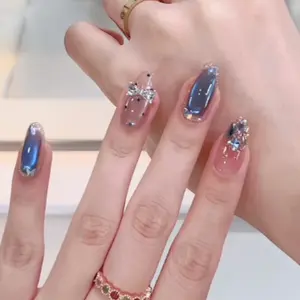 2026 Summer New Icy Blue Glass Bead Cat Eye Rhinestone Press On Nails Short Glossy Handmade Removable Reusable Fake Nails Set of 10 with Full Tool Kit | 3D Glass Bead Cat Eye Rhinestone Sparkle Shimmer Glitter Skin-Whitening Daily Office Date Night Weddin