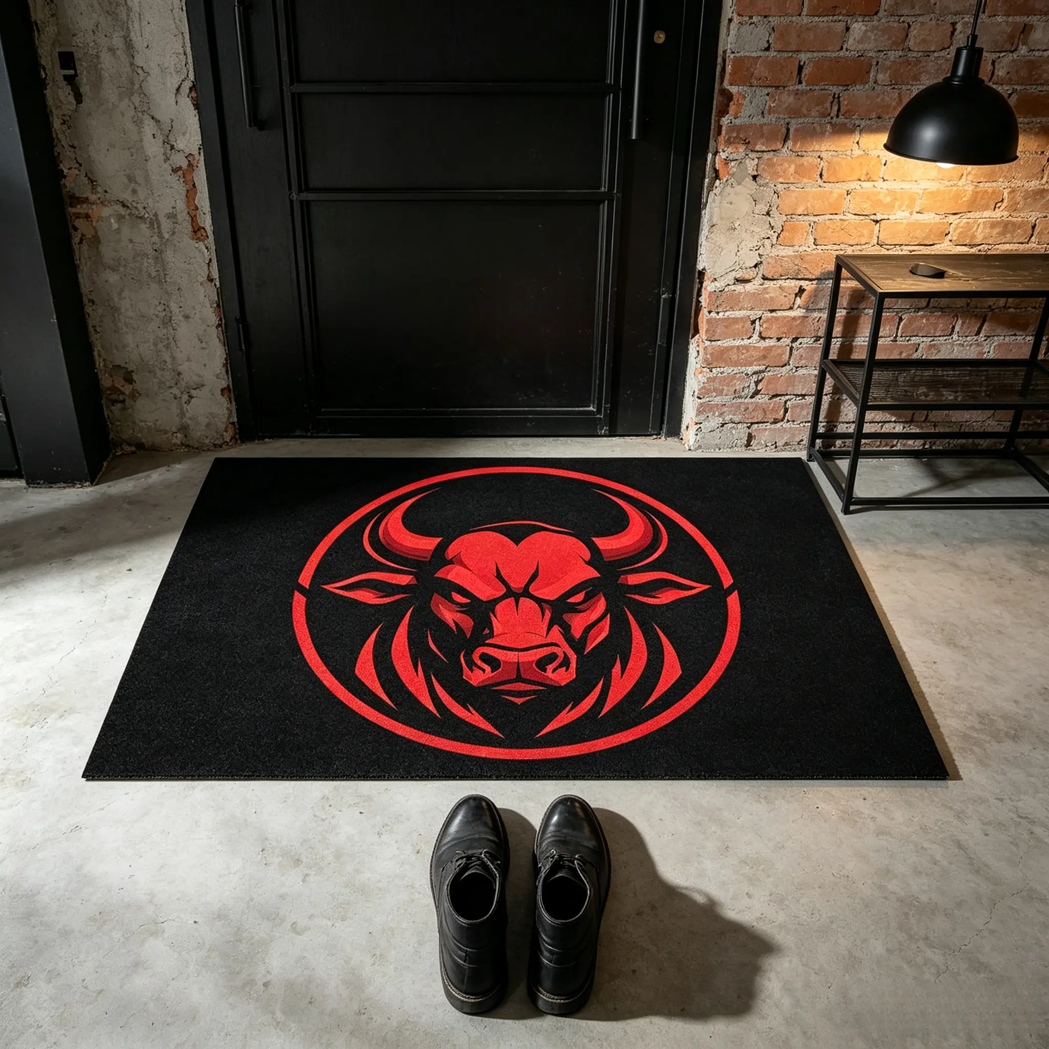 Red Bull Head Logo Doormat - Black Background Aggressive Bull Graphic, Non-Slip Low-Profile Entryway Rug with Rustic Look, 24x32 in Indoor Decor for Man Cave Garage