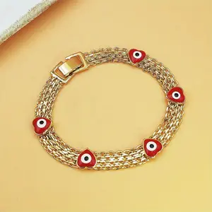 Women's Boho‑Chic Evil Eye Beaded Bracelet, Wide Golden‑Tone Copper Chain with Red Bead Charms, Adjustable Stack Bangle