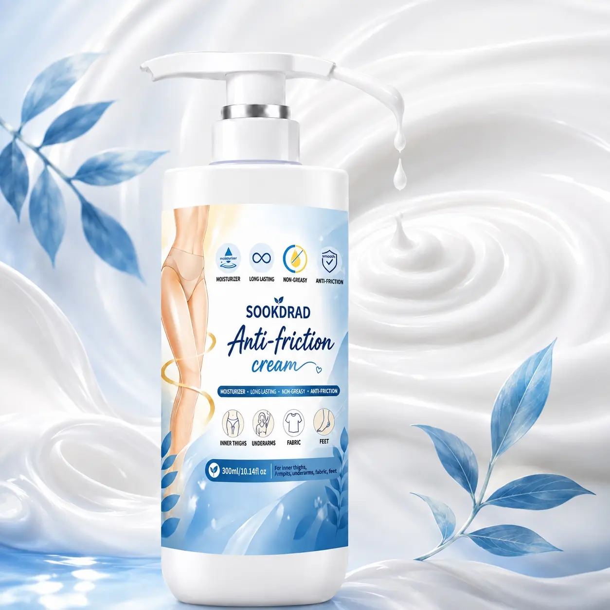 Anti-friction Cream, moisturizer, long lasting, non-greasy, anti-friction, suitable for inner thighs, underarms, fabric, feet, 300ml/10.14fl oz