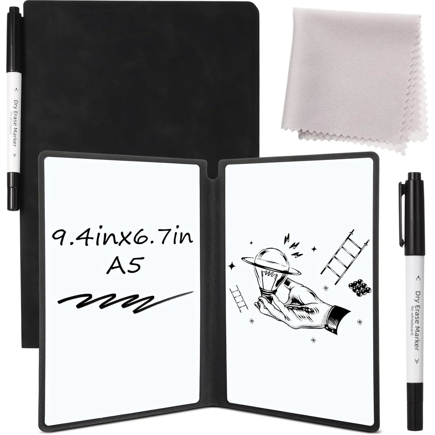 Portable White Board Dry Erase Board 9.4" x 6.7" Small  Folding Double Sided Notebook Memo with Pen Cleaning Cloth Black Desk Accessories for Office School Study Meeting Planning