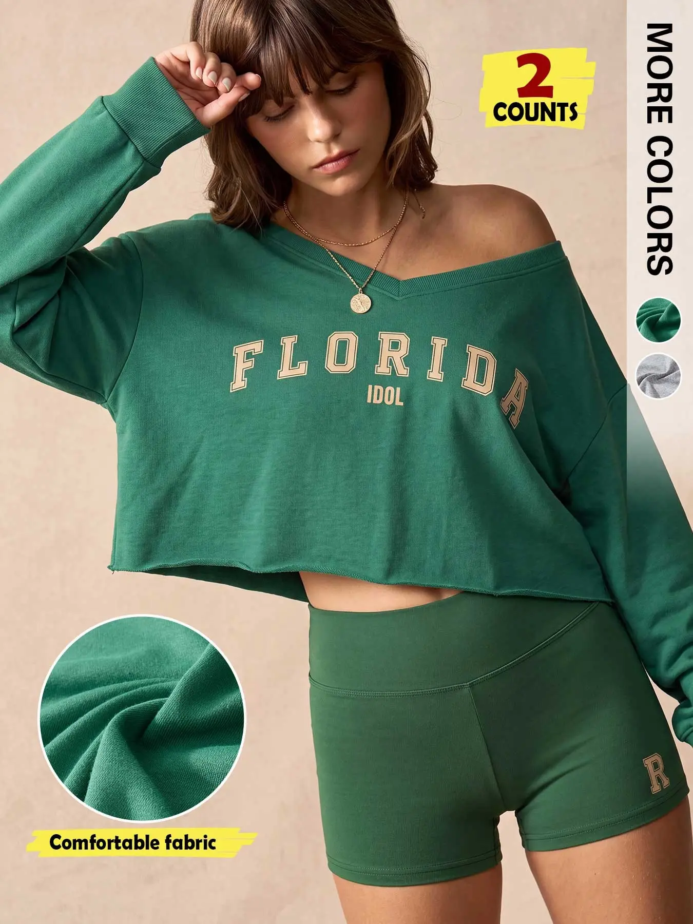 2 Piece Women Outfits Letter Graphic Cropped Long Sleeve Sweatshirt and Biker Shorts Set Casual V Neck Pullover Sporty Matching Tracksuit for Streetwear Fall Winter