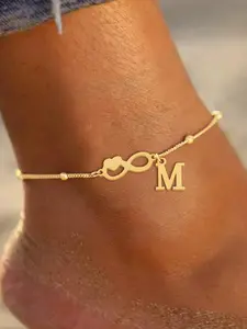 Heart Infinity Initial Ankle Chain for Women, Casual Stainless Steel Bead Bracelet, All Seasons Fashion Accessory