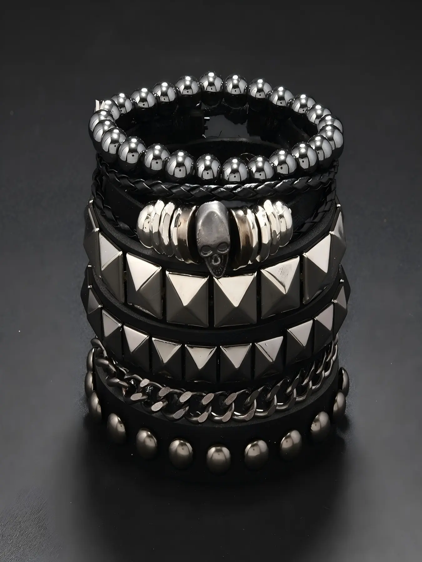 64-Piece Punk Rock Rivet Leather Bracelet Set, Stackable Wristbands, Gothic Motorcycle Style, Adjustable Multi-Layer Jewelry Gift