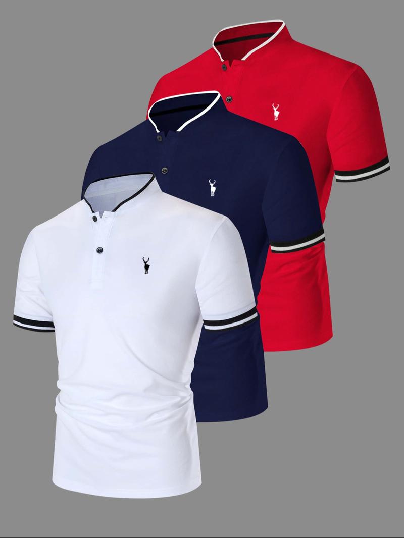 Men's Regular Fit Contrast Trim Polo Shirt, Casual Short Sleeve Half Zip Top for Summer, Fashion Men's Clothes for Daily Wear, Gamis, Casual Sport Shirt